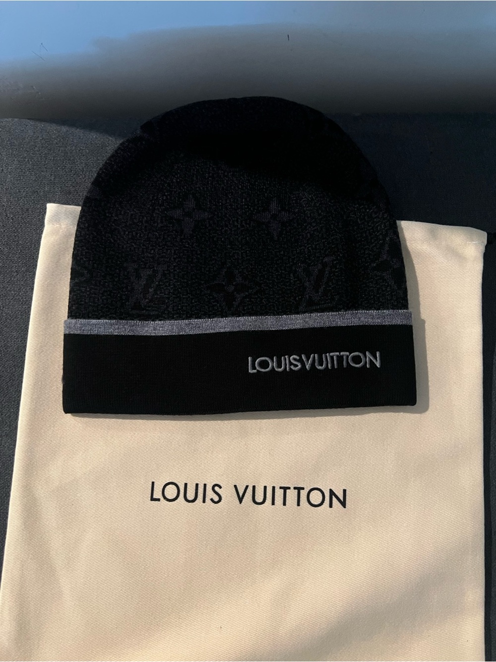 Louis Vuitton Black Beanie with Gray Trim